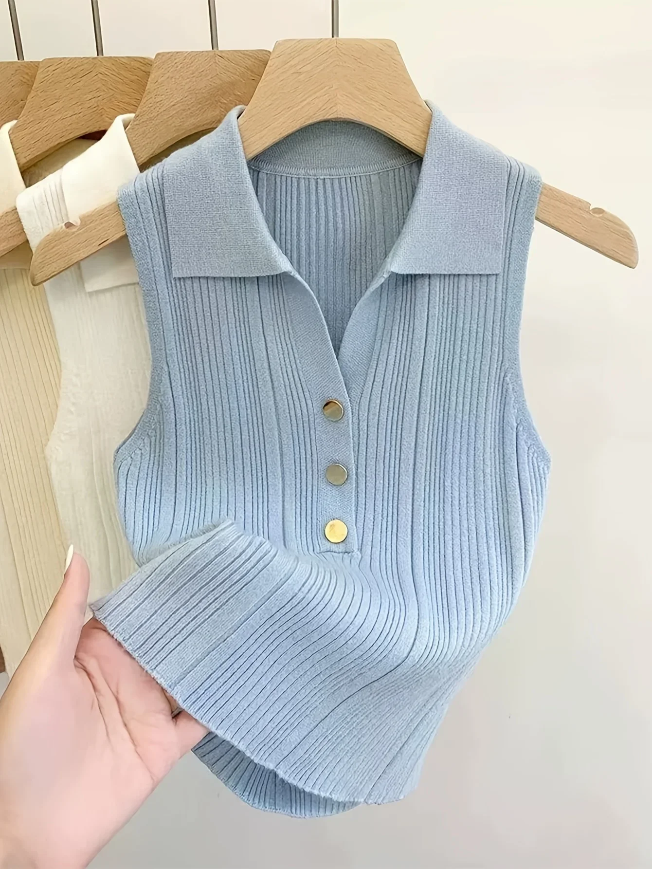 Women Polo Collar Knit Vest Button-Front Strechy Rib-Knit Sleeveless Crop Top Fitted Tanks Teen-girl Summer Tennis Core