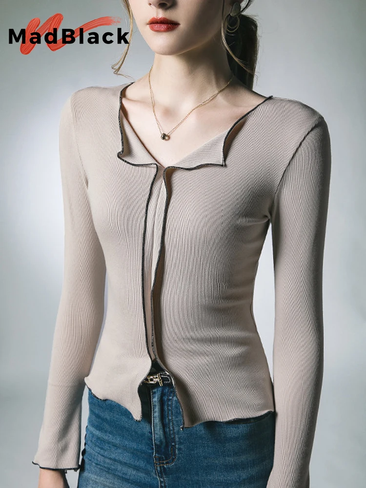 

MadBlack European Clothes Tshirt Women Sexy Turn Down Collar Slim Knit Top Long Sleeve Elastic Tee Fall Spring New 2023 T39860JC