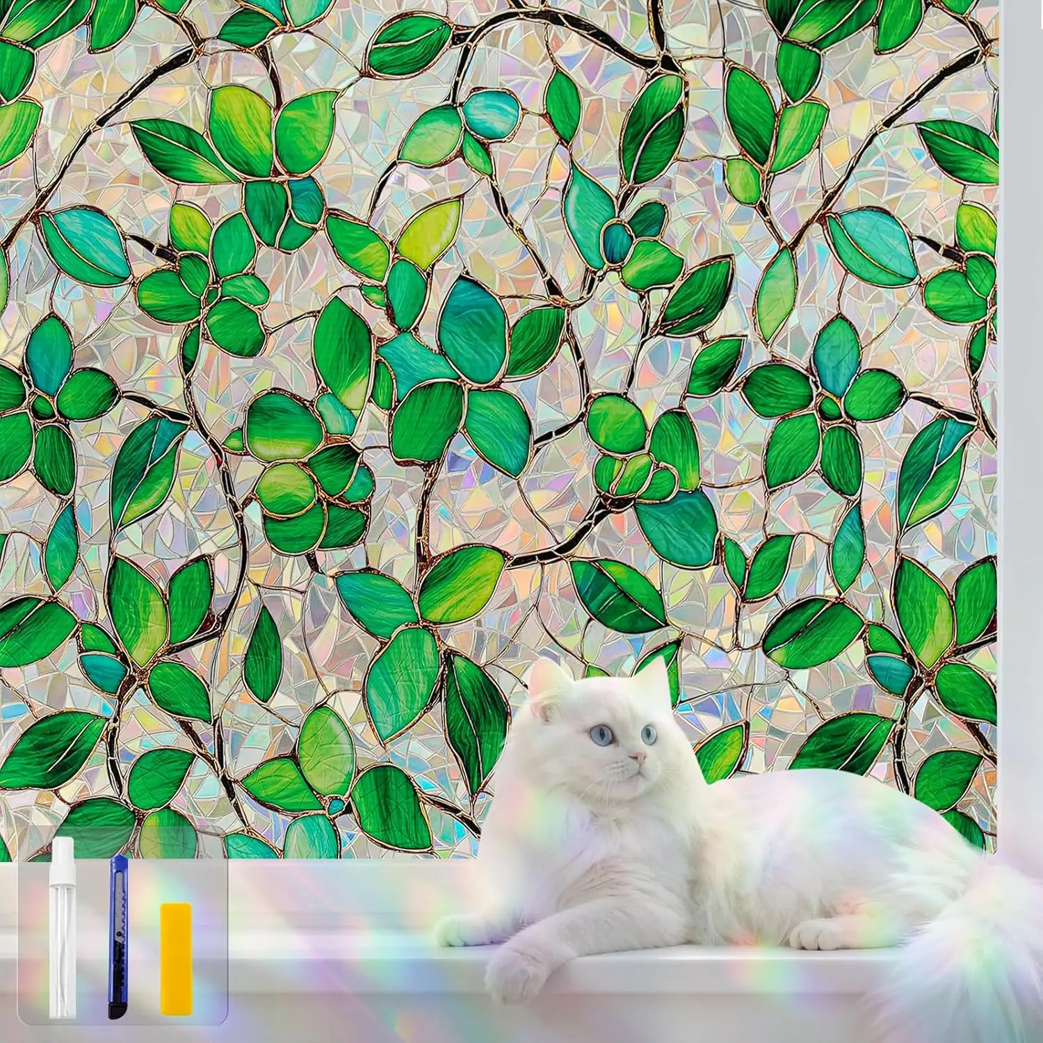 

Rainbow Stained Glass Window Film, Non-Adhesive, Reusable, 45.2x78.7 in, Green Leaf Pattern