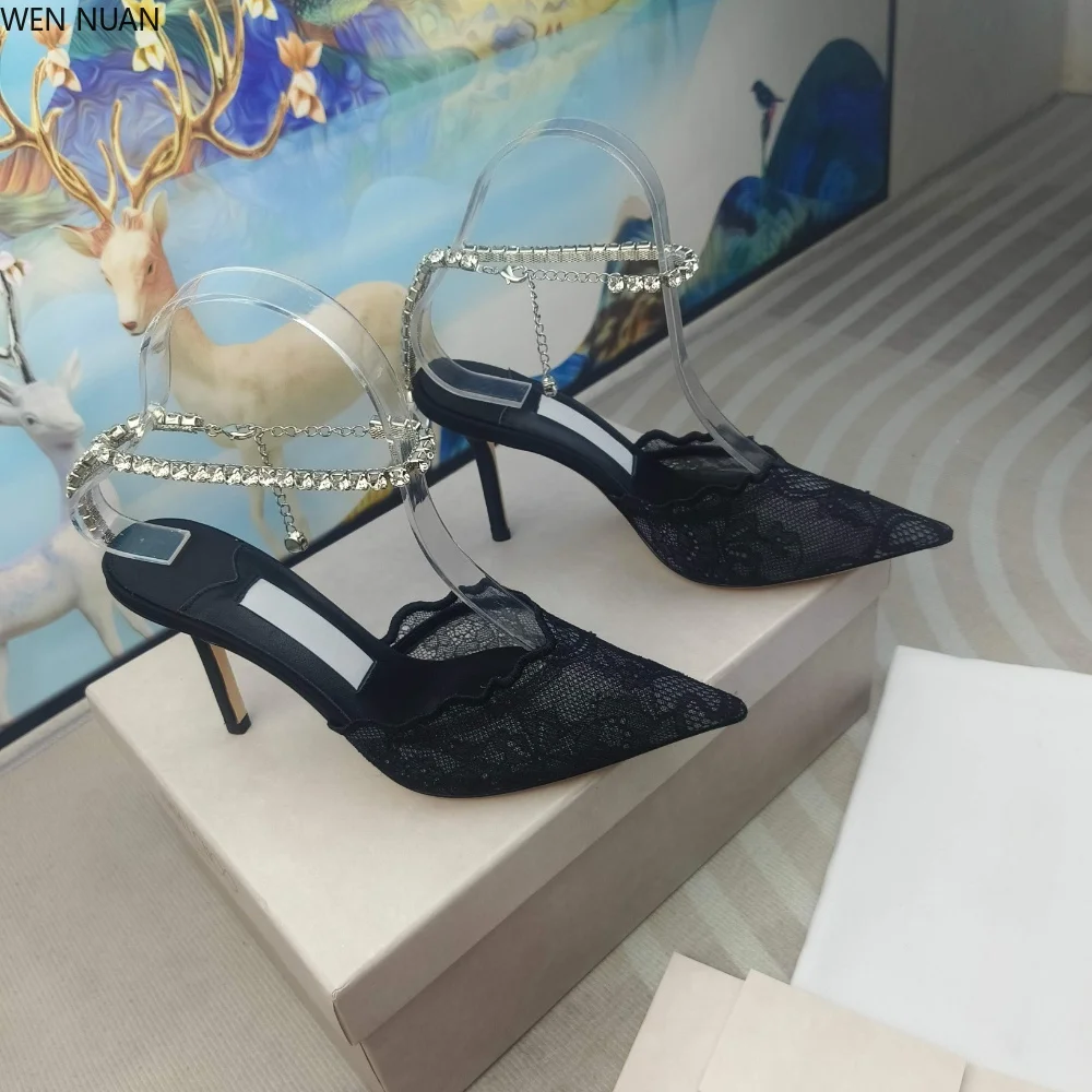 Elegant Fengshui Drill Chain Beaded Head Sandal for Women Spring/Summer New Style Sexy Black Lace Pointed Toe High Heel Shoes