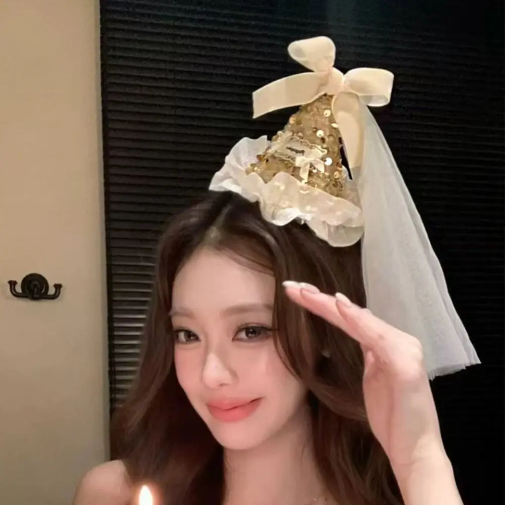 

Creative Sequin Birthday Hat Hairpin Mesh Velvet Sequined Hat Korean Hair Accessories Lace Birthday Crown Birthday Gifts