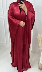 Morocco Eid Party Muslim Women Satin Open Abaya Cardigan Hijab Long Maxi Dress Turkey Kaftan Dubai Bat Sleeve Robe Arab Jalabiya