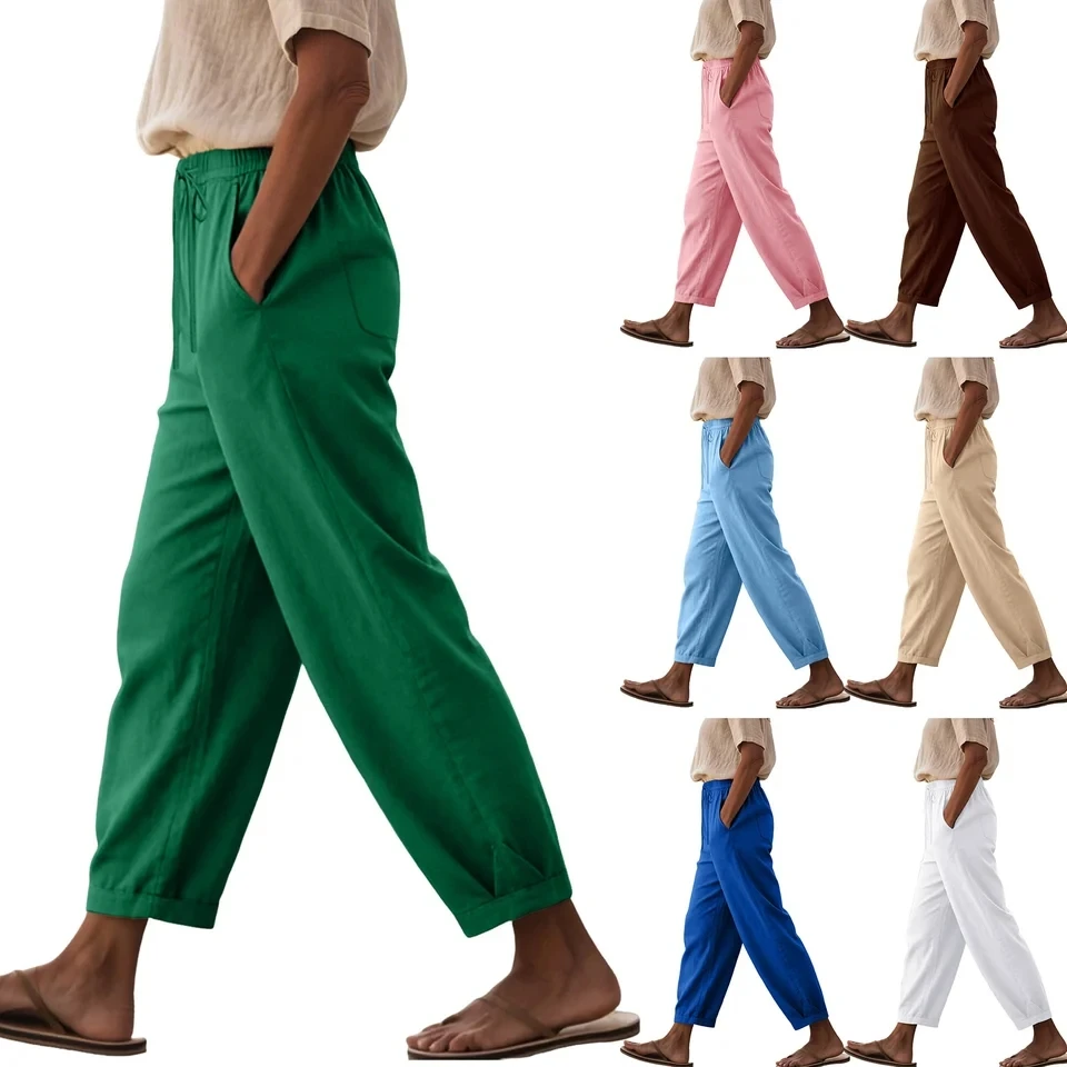 

Women Cotton Linen Pants Spring Summer Solid Elastic Waist Loose Straight Trousers Female Harajuku High Waist Wide Leg Pants