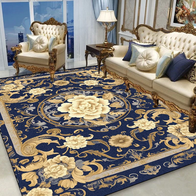 

European Gold Floral Carpet Living Room Blue Decoration Sofa Area Rugs Non-slip Home Bedroom Cloakroom Soft Floor Mat Washable