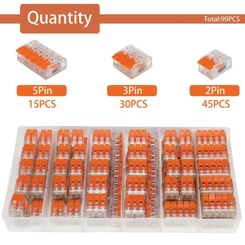 90 Pcs Electrical Quick Connectors DIY Cable Connection Tool Kit 2/3/5 Port for Office Small Circuit Repair Work