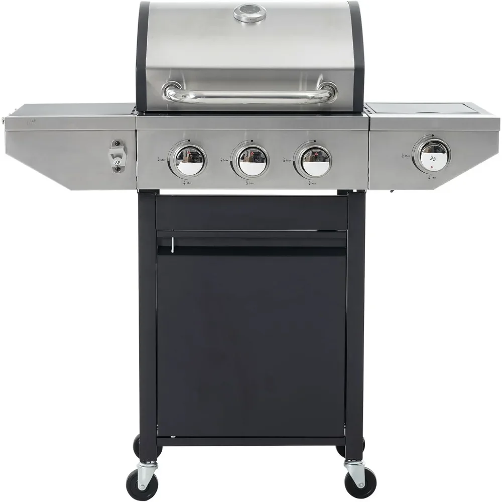 3-Burners Propane Gas Grill with Side Burner & Thermometer, 33950 BTU Output Stainless Steel Grill for Outdoor BBQ and Camping