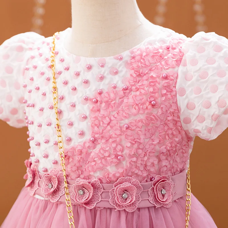 New Cute Girl Polka Dot Mesh Princess Dress Bubble Sleeves Beaded Sticker Wedding Flower Girl Birthday Party Dress with Bag