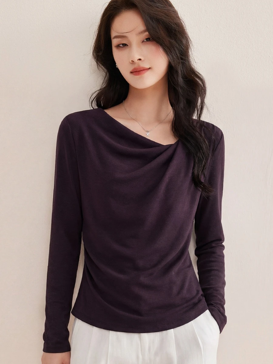 2026 Autumn Women Cowl Neck Long Sleeve T-Shirt Asymmetrical Draped Top Side Ruched Slim Fit Elegant Casual Knit Blouse
