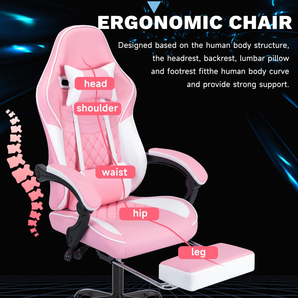 Ergonomic Video Gamer Chairs,Computer Gaming Chairs with Massage Lumbar Support and footrest,Racing Style Computer Chair Adjustable Headrest for Adults,Pink White