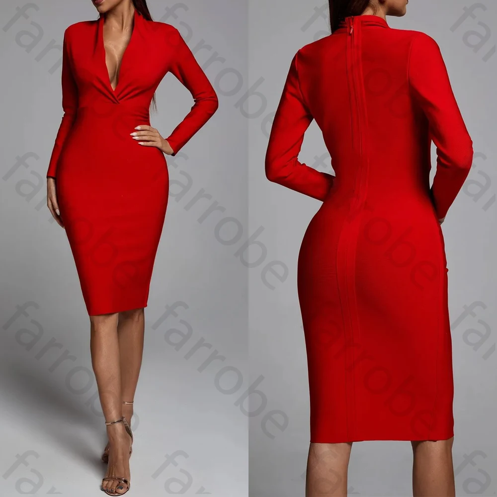 

Customized V-neck Cherry Red Midi Dress A-Line Evening Dresses Long Sleeve Formal Exquisite High Quality Prom Party Gowns Women