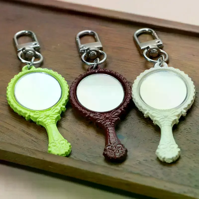 Vintage Mini Handheld Mirror Keychain With Embossed Frame Car Key Ring Bag Charm Backpacks Purses Pendant Party Gift