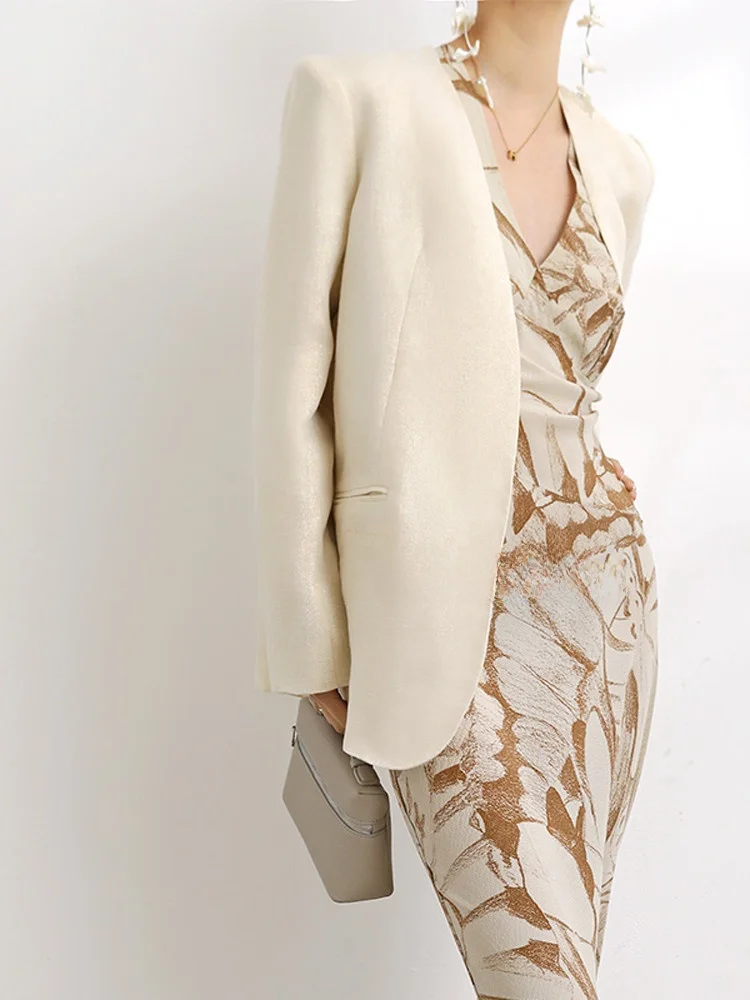 VB Simple Spring Edition Tee-Dimensional Tailoring No Collar Gold Tead Linen Suit Sunscreen No Button oulder Pad Loose...