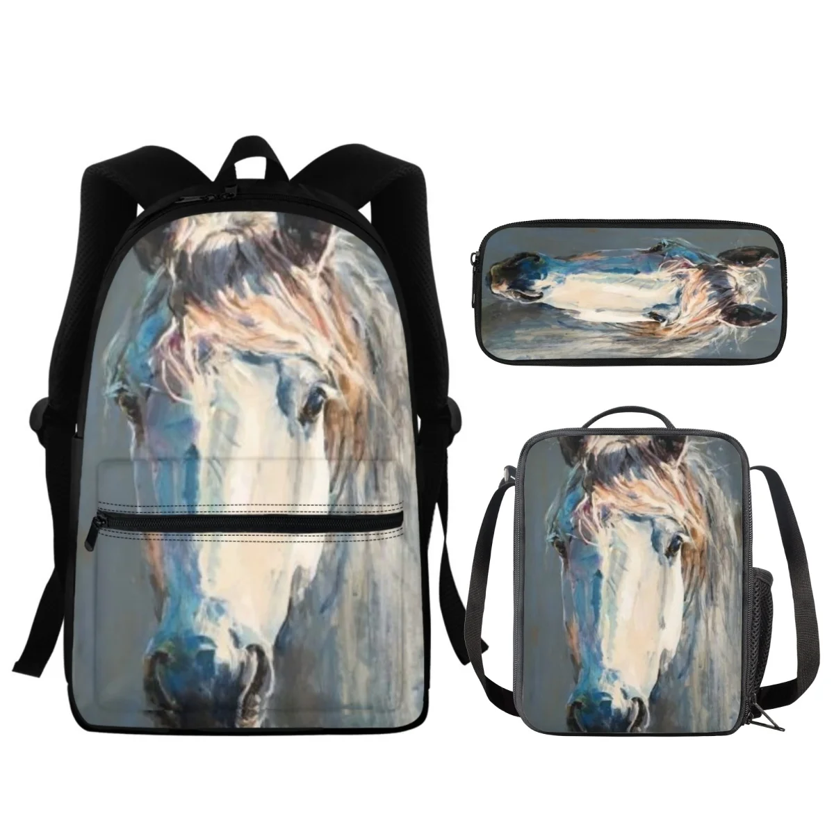 

FORUDESIGNS 3D Galloping Horse Backpacks 3Pcs/Set Pencil Organizer Pouch Diagonal Meal Bags Practical Students Schoolbags Pack