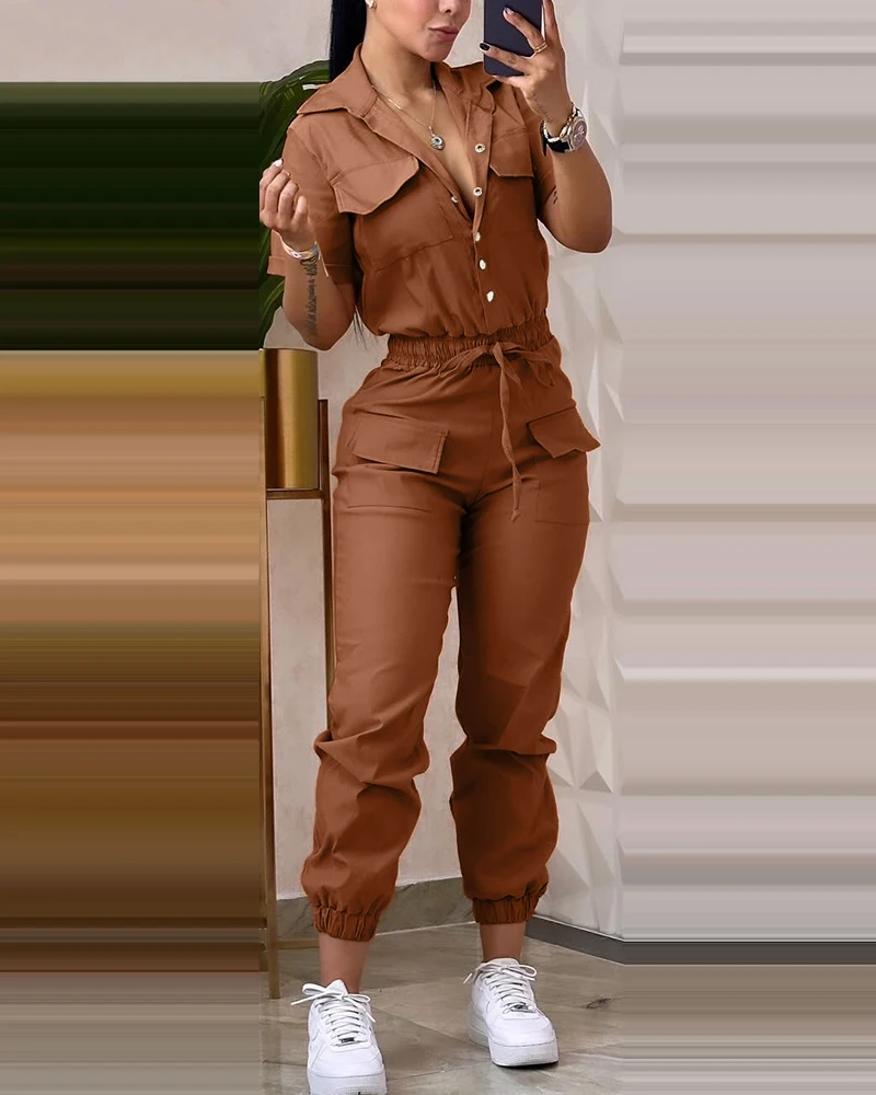 New Women's Jumpsuit 2024 Autumn Slim Fit Long Sleeve Button Pocket Design Cuffed Cargo Drawstring High Waist Playsuit Workwear