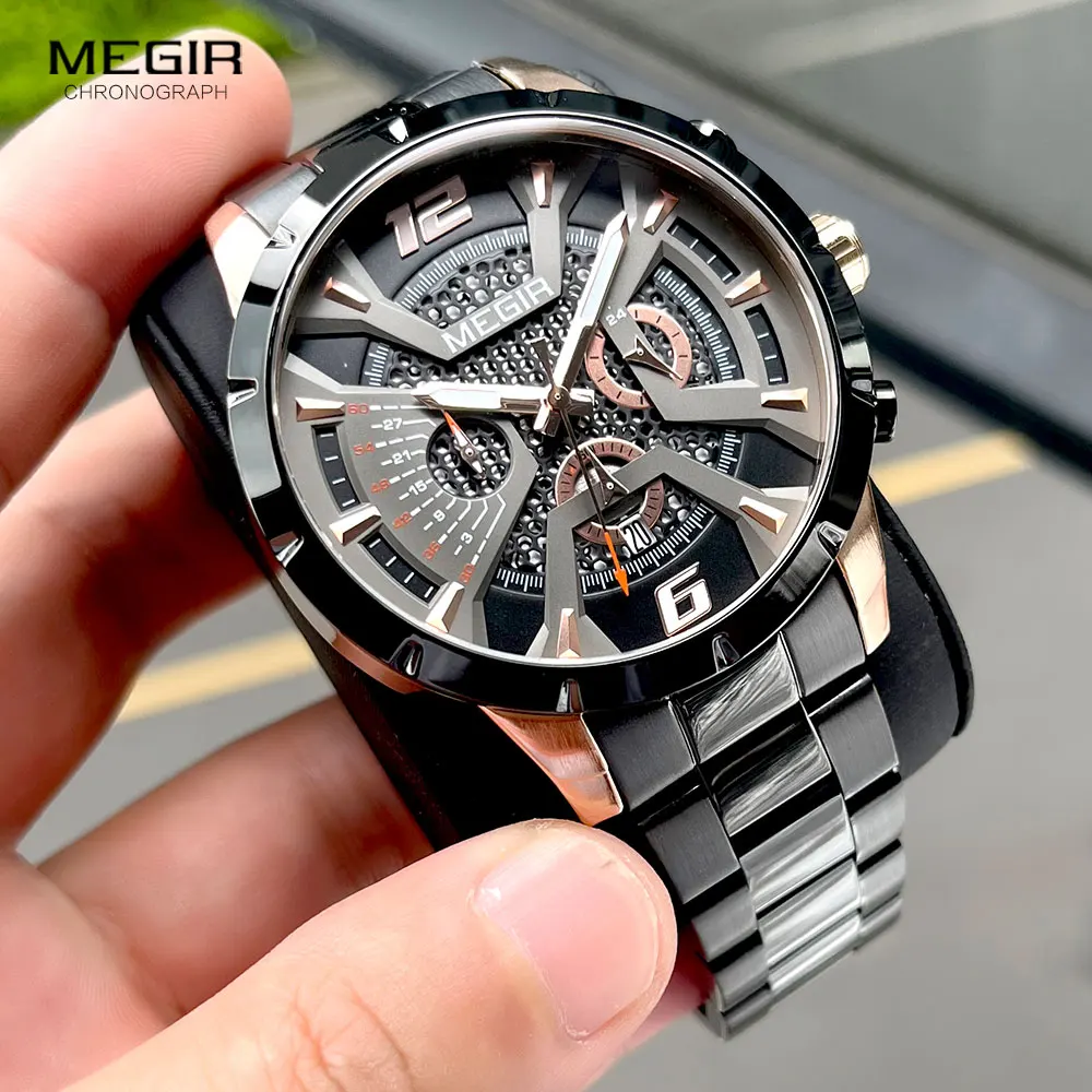 MEGIR Black Stainless Steel Watch Men Fashion Sport Chronograph Quartz Dress Wristwatch with Auto Date 24-hour Luminous Hands