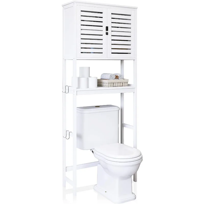 

Bathroom Over The Toilet Storage Cabinet, 2 Door Bamboo Cabinet Organizer, Freestanding Space Saver Toilet Rack with Adjustable