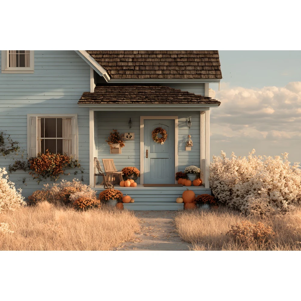 Autumn Photography Backdrop Country Porch Pumpkins Flowers Wreath Stone Steps Baby Shower Family Party Portrait Photo Background