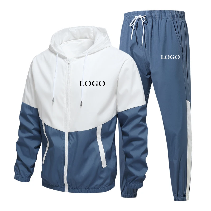 Custom Your Logo Men\'s Tracksuit 2 Pieces Sports Set Jogging and Hoodies Long Sleeve Coat Zip Up Patchwork Clothing