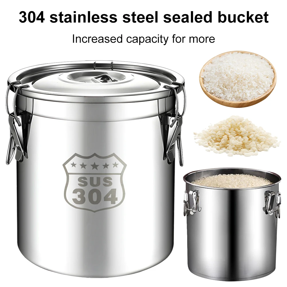 6/12/21/33L 304 Stainless Steel Airtight Canister with Seal Lid Food Oil Sugar Milk Storage Bucket with Handles for Home Kitchen