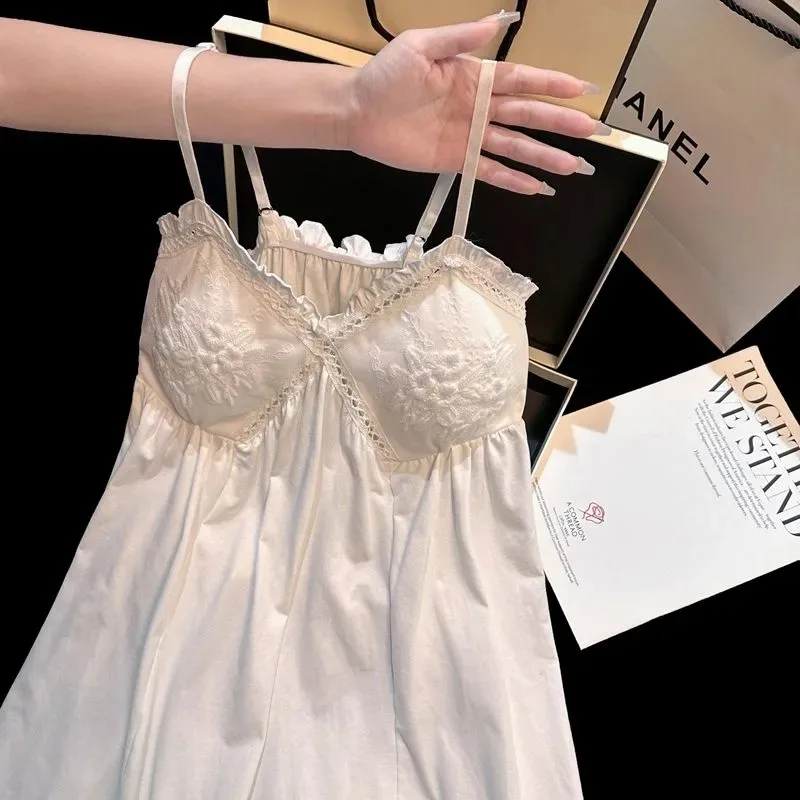 Women Cotton Lace Nightdress Spaghetti Strap with Built-in Bra Summer Sleepwear