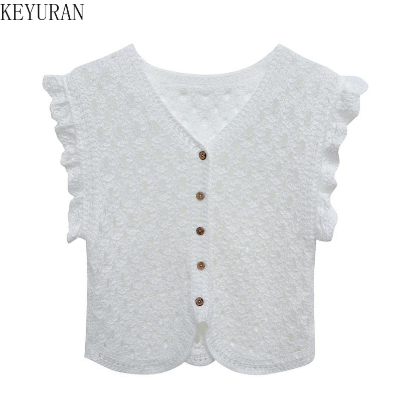 2024 Summer New French Crochet Hollow Out Sweater Vest Women Vintage Elegant Fashion Ruffles V-neck Knit Cardigan Vests Tops