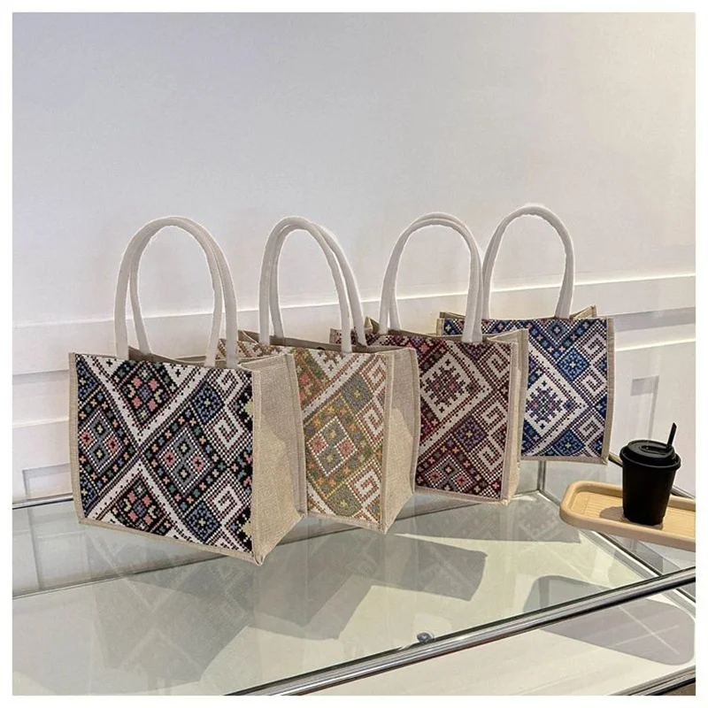 

Ethnic style canvas bag, fashionable outdoor hand-held linen lunch box, bento bag, hand-held mommy bag