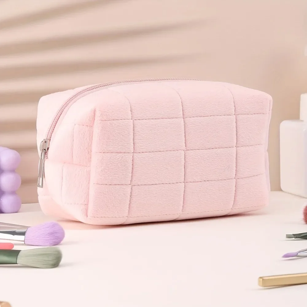قطعة واحدة من حقيبة مكياج ذات مربعات ناعمة، حقيبة مكياج للسفر عديمة الرائحة مع سحاب، لتخزين مستحضرات التجميل وما إلى ذلك