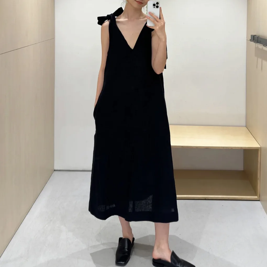 

2024 V-neck Women's Standard A-line Tie Linen Dress Summer
