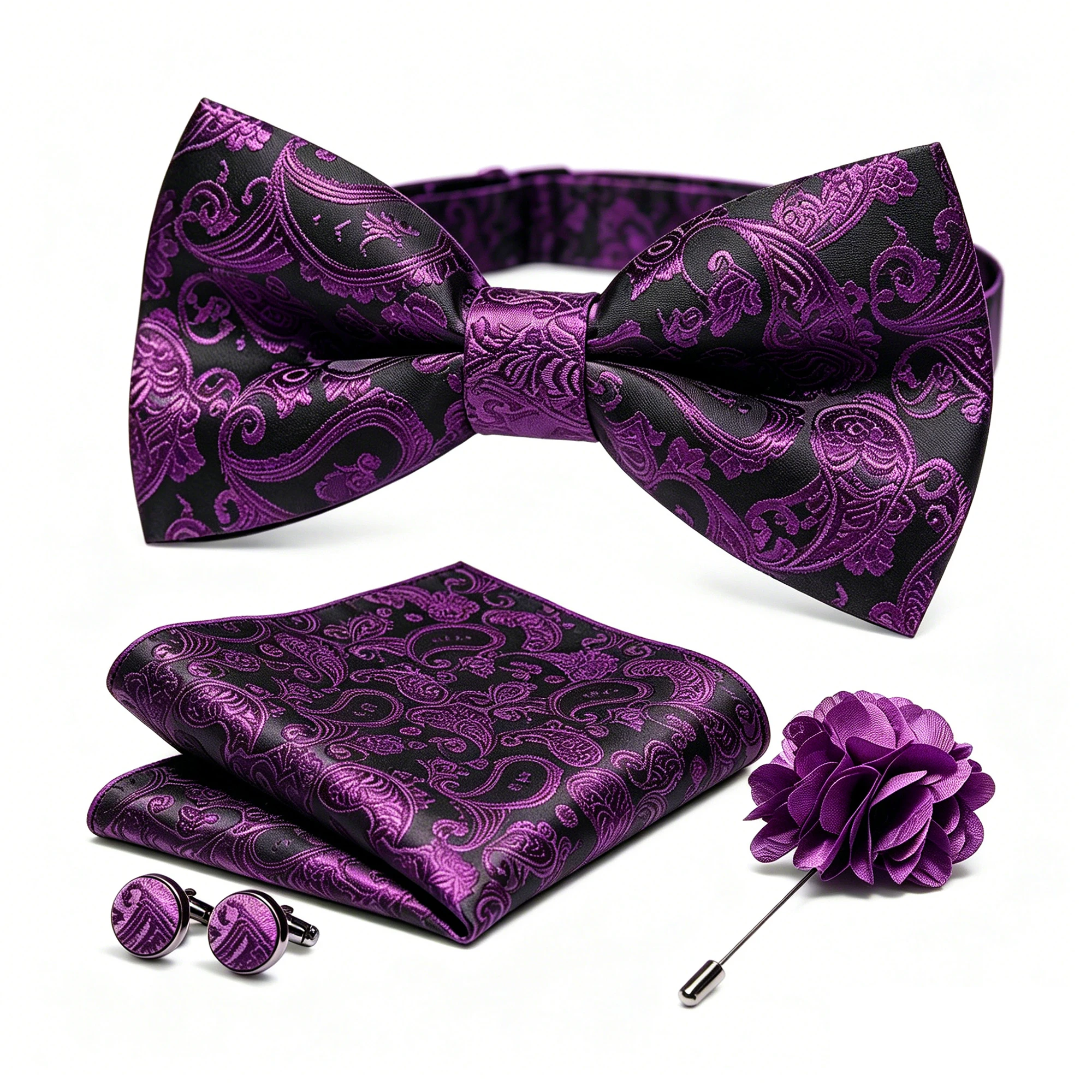36-teiliges Set: Schwarze Seiden-Jacquard-Paisley Herrenfliege, Brosche, Einstecktuch und Manschettenknöpfe – Vorgebundene Schmetterlingsfliege für Herren, Hochzeit und Business – Detail 10