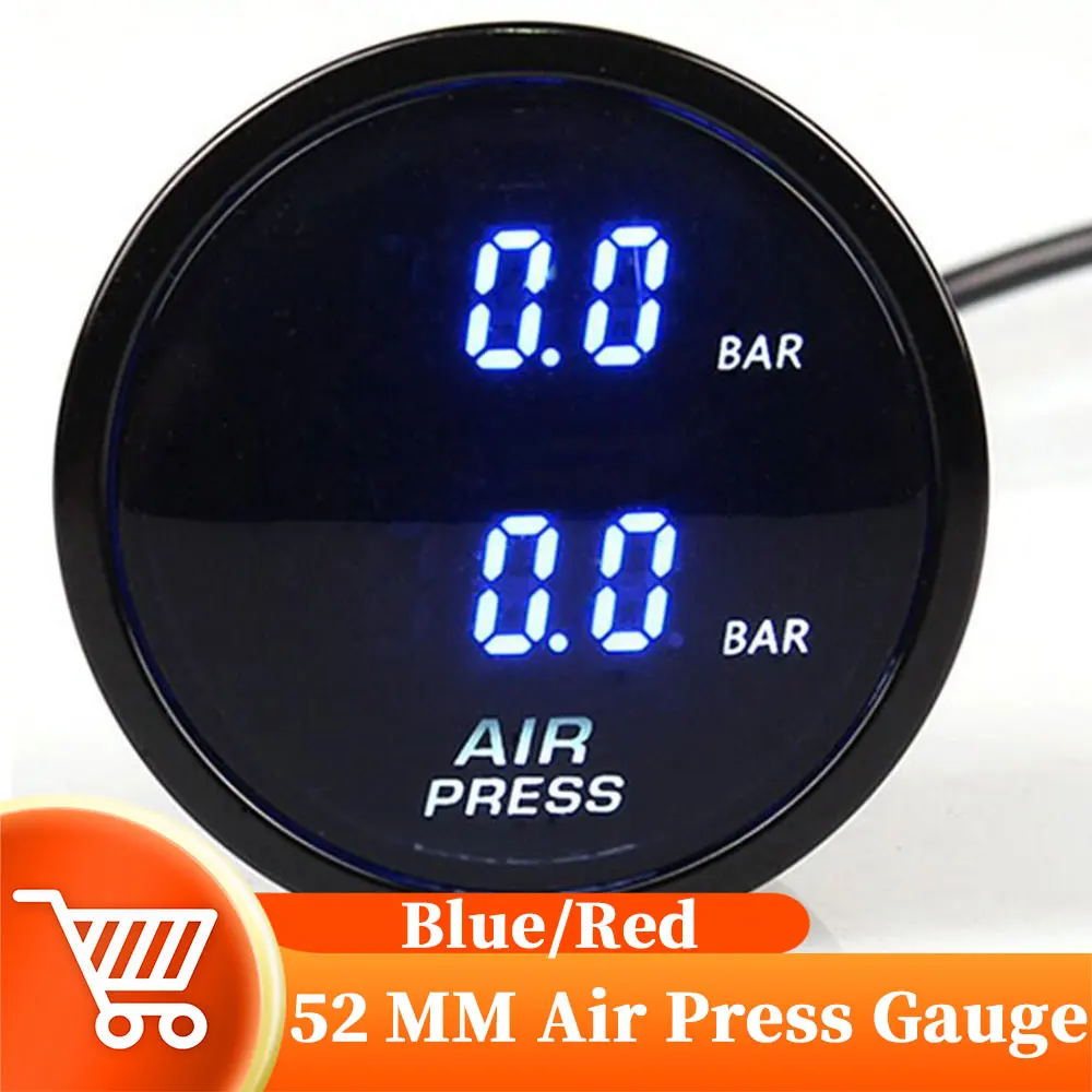 52mm Air Pressure Gauge Dual Display Blue/Red LED Digital Display 1/8 NPT Electrical Sensor Air Ride Meter Air Suspension Gauge