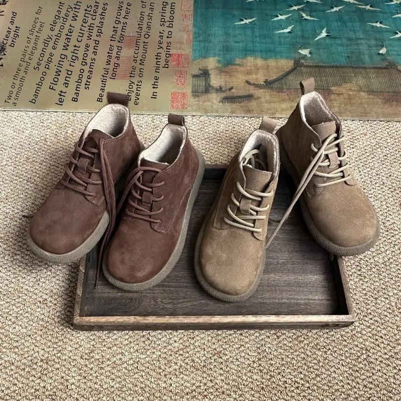 

Handmade Leather ort Boots Women's Fce Lined Autumn Winter Thi Bot Laced Brown Vintage Warm Cotton Boots