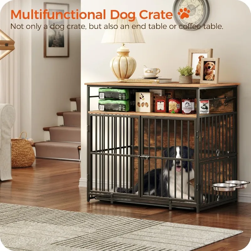 Large Dog Crate Furniture,  Wooden Dog Cage End Side Table for Small/Medium/Large Dogs, Chew-Resistant, Rustic Brown DCHR10901