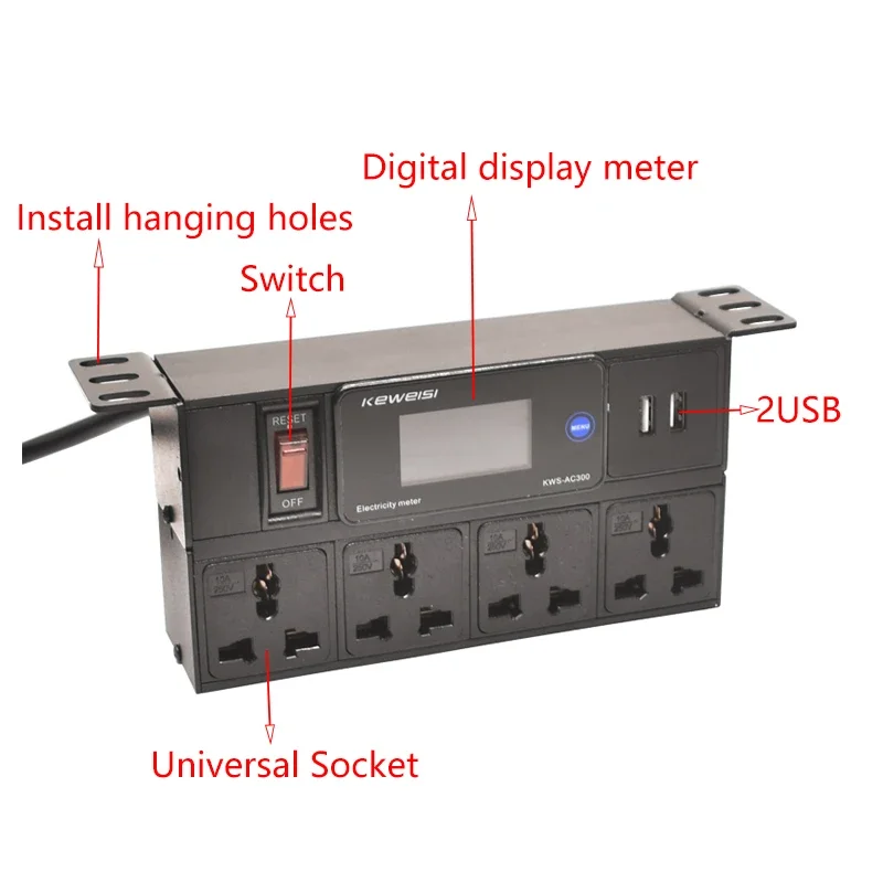 Скрытая настольная розетка, цифровой вольтметр, счетчик энергии с переключателем, 2 USB, 4 способа, универсальная розетка, шнур 2 м, корпус из алюминиевого сплава