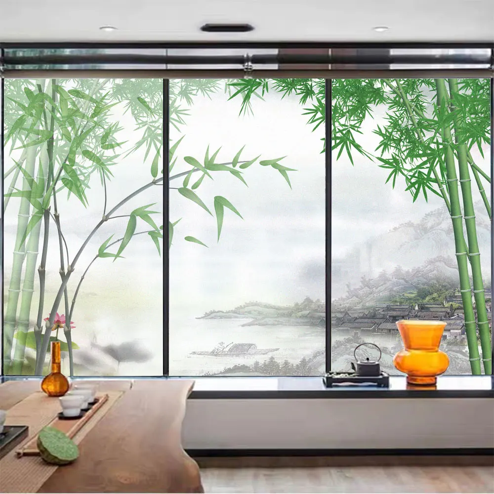 

Non-glue Static Cling Privacy Window Frosted Film Chinese Style Bamboo Pattern Sun Blocking Glass Door Window Decorative Film