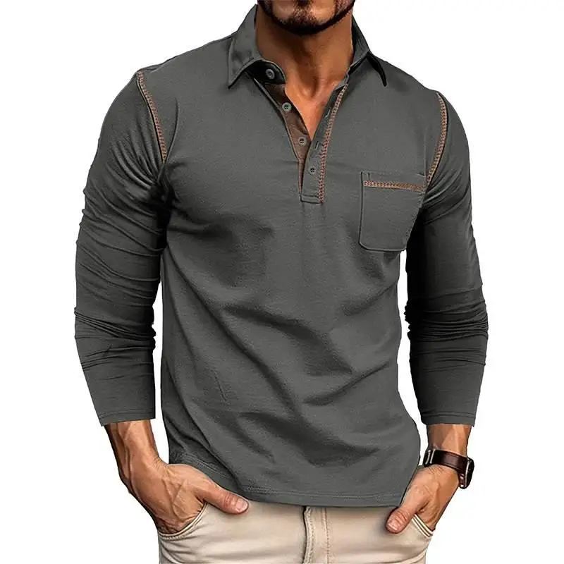 

Fall 2024 Men's Casual Long Sve irt Collared T-irt American Color Blo Top Special Wide Fit Asymmetrical Design