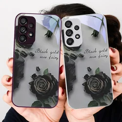 Hot Stamping Rose Black For Samsung Galaxy S24 Plus S20 21 FE S23 Ultra S8 9 A70 72 73 50 51 52 53 Tempered Glass Phone Case