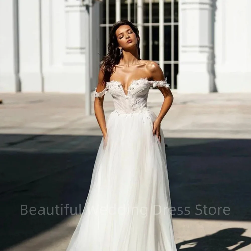 Graceful V Neck Lace Boho Wedding Dress Off The Shoulder Applique Princess Backless A Line Tulle Bridal Gown Vestido De Noiva