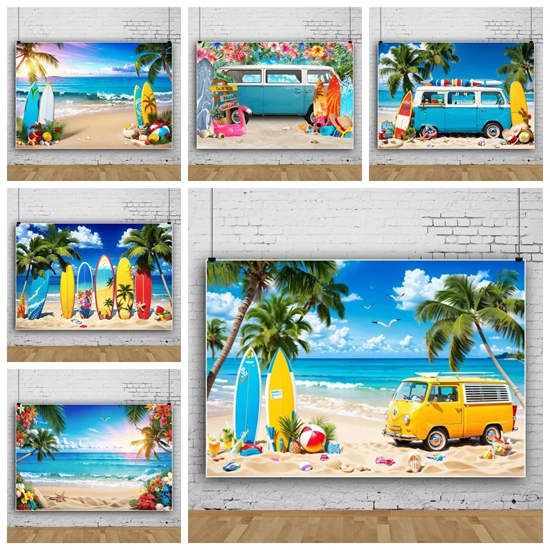 Summer Beach Hawaiian Background Tropical Floral Surfboard Aloha Sea Birthday Holiday Party Decoration Banner Photography Props