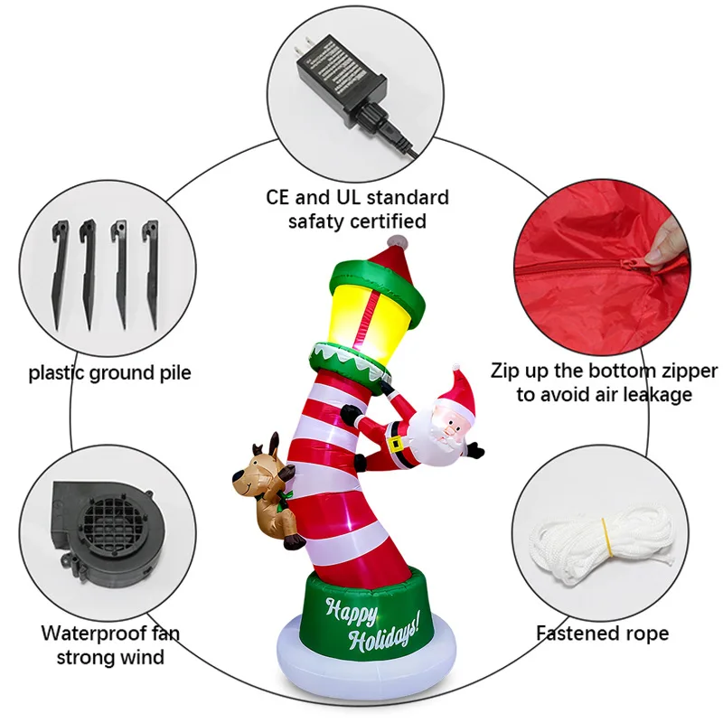 2.7M Christmas Inflatable Air Mold LED Light Reindeer Santa Climbs Lighthouse Garden Ornament Ornament