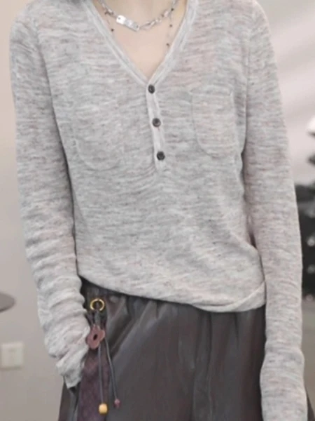 

Slimming Effect Long Sleeve V-Neck T-Shirt Women's plus Size Inner Wear Comfortable Breathable Vintage Style Commute Fashion