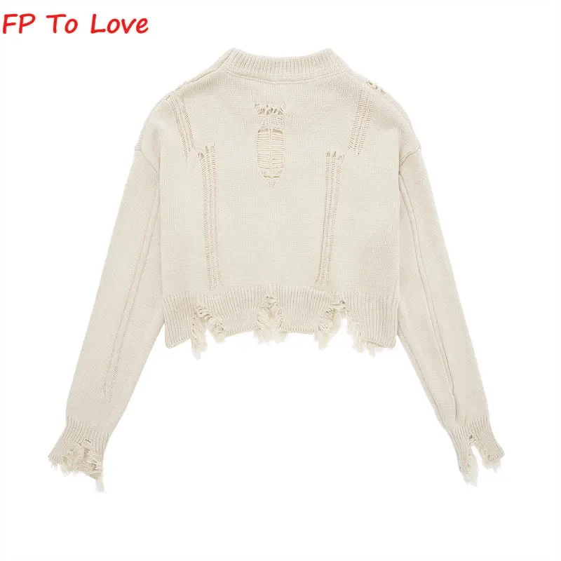 OOTD Tassel Hollow Out Sweater Pullover Beige Woman Knitted Outwears Elegant Grey Female Brown White PB&ZA