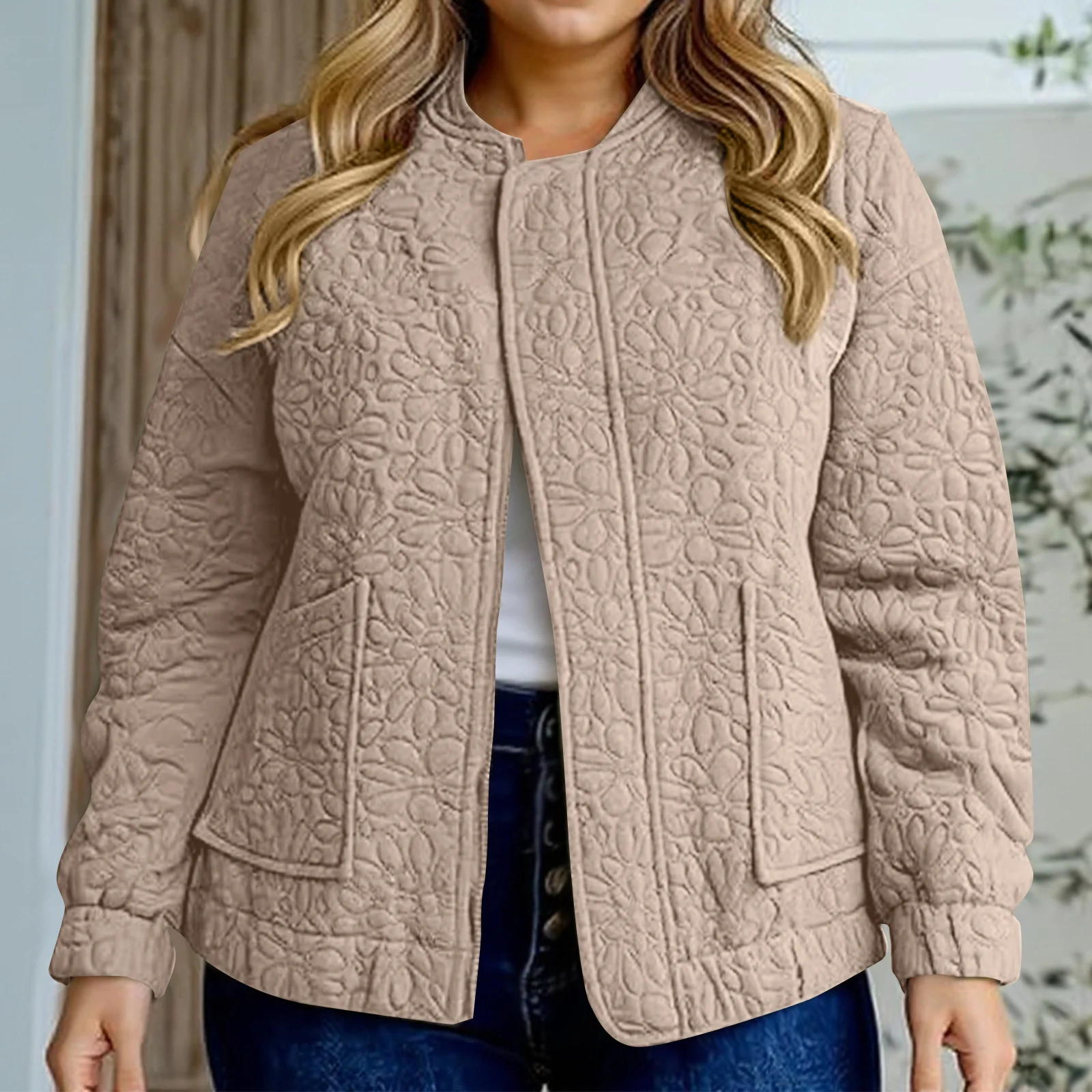 

Plus Size Fashion Casual Jacquard Cardigan Jacket Women's Fall Stylish Lightweight Zipper Jackets Solid Color Long Sleeve Coat