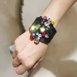 European Fashion Punk Wide Rhinestone Animal Leather Bracelet for Women Cuff Bracelet Statement 2023 New Jewelry