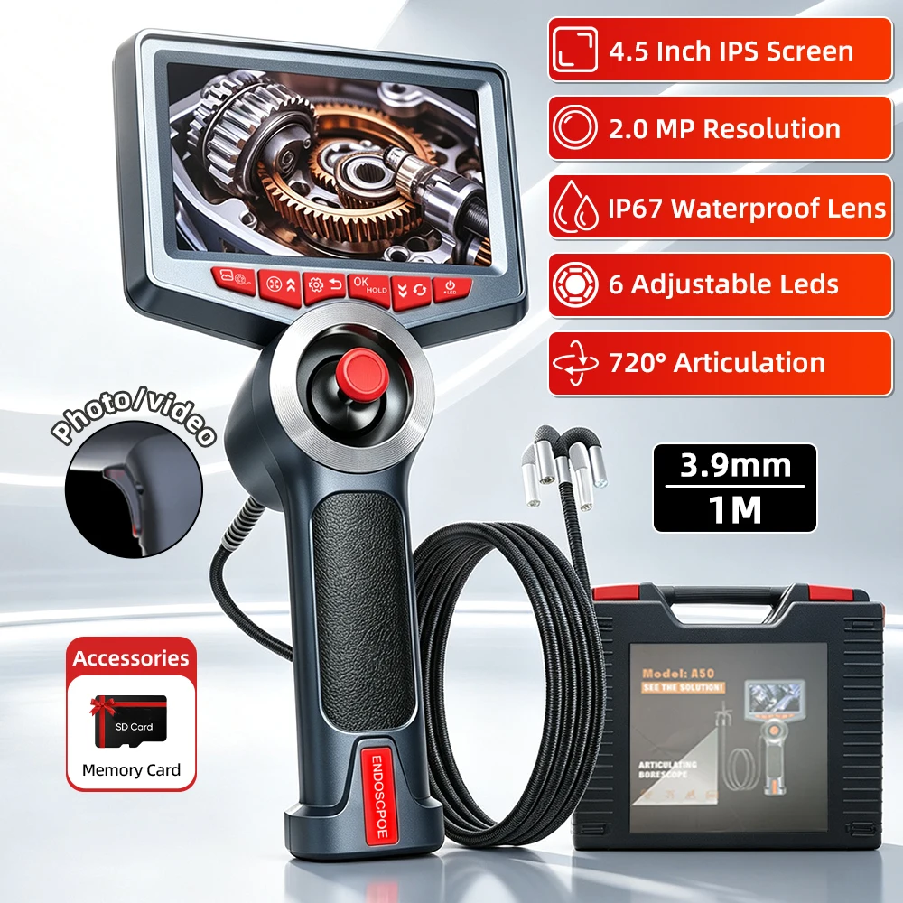 AOSUN A50 4.5 Inch IPS Screen Four Way 180° Articulating Borescope 3.9mm Lens Endoscope Camera 1m Tube