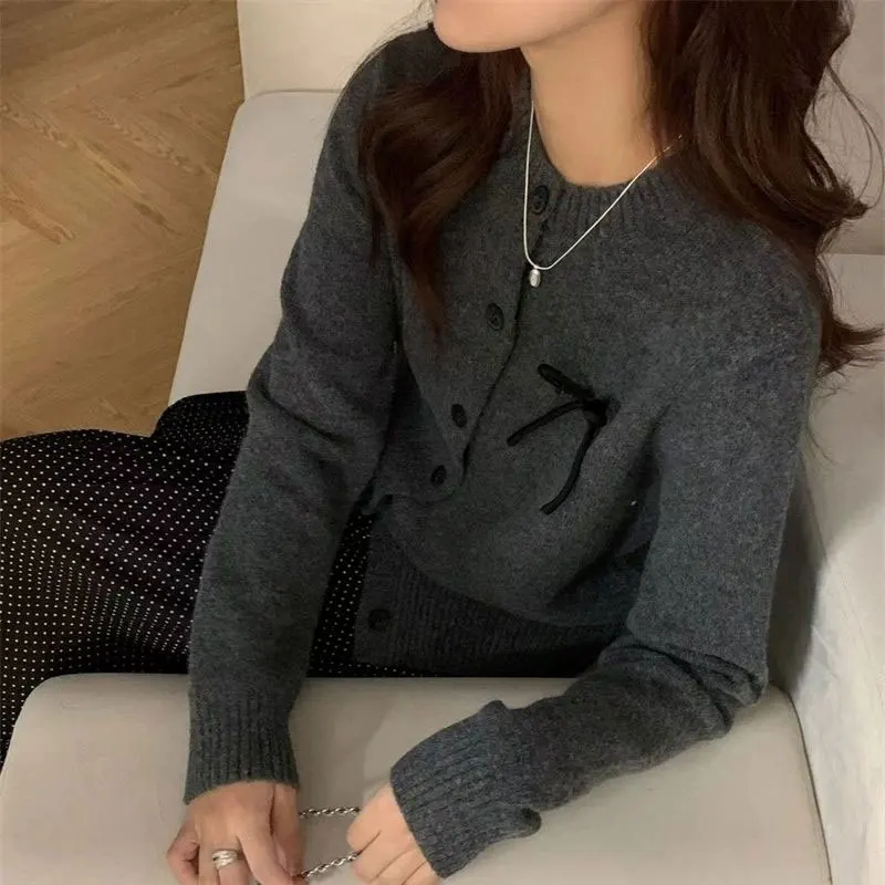 Female Clothing Gray Knitted Cardigan Basic Long Sleeve Autumn Winter New Fashion Bow Casual Round Neck Single-breasted Sweaters