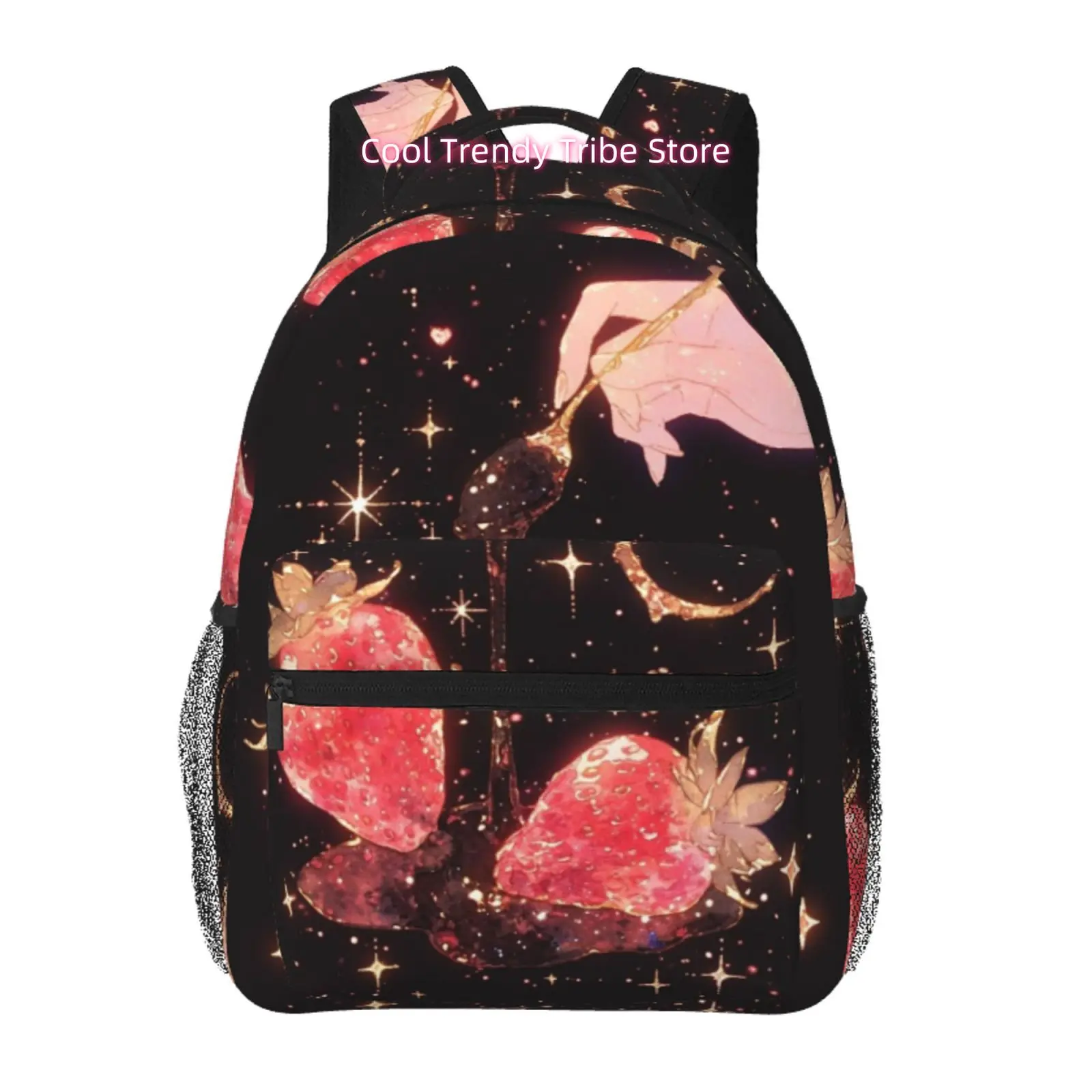 Gilded Magical Strawberry Print Backpack, Oxford Cloth Adjustable Strap Casual Daypack for Travel, Outdoor& Sports