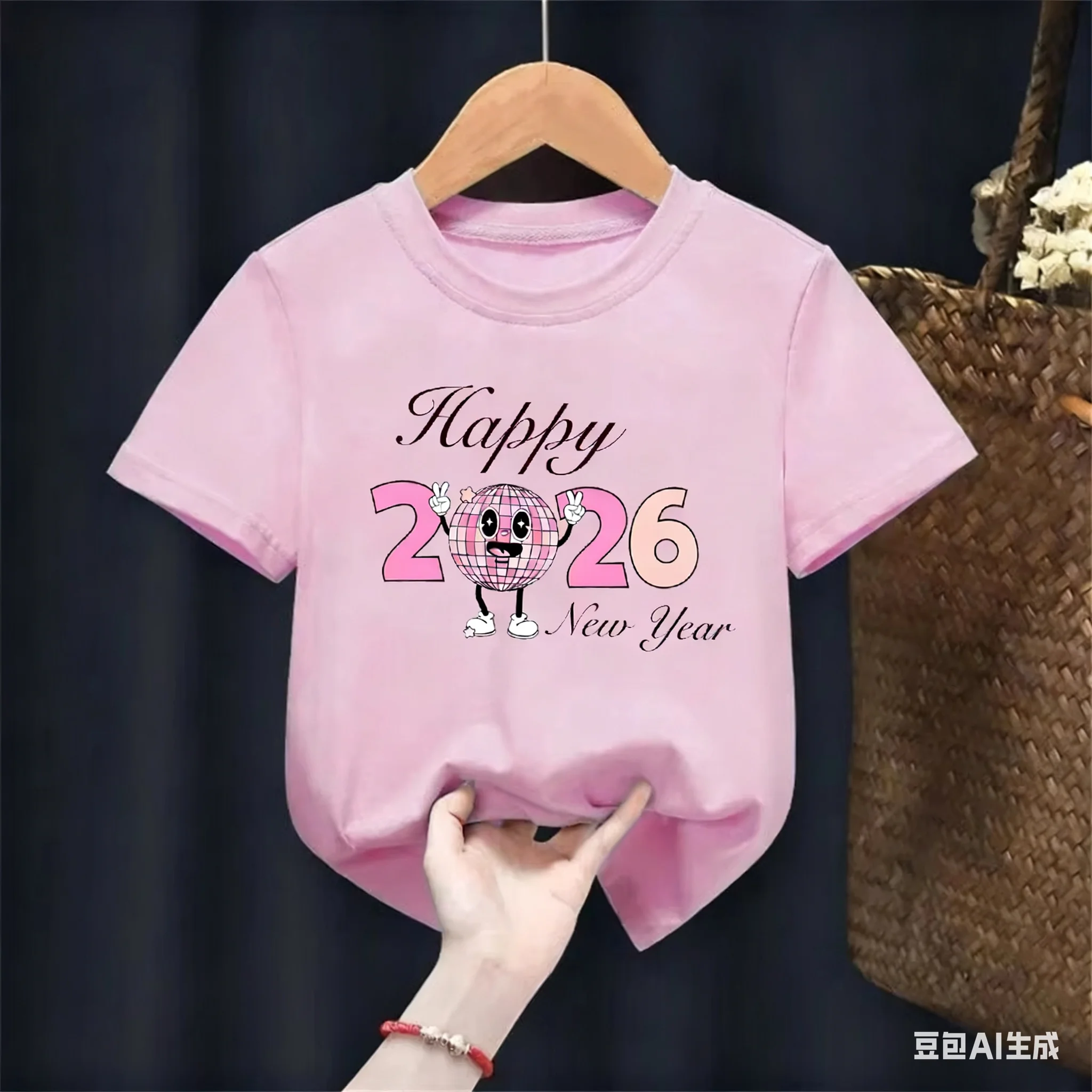 مرحبا 2026 سنة جديدة سعيدة موضة الفتيات تي شيرت لطيف ملابس الأطفال التي شيرت السنة الجديدة هدية زي عطلة زي حفلة تيز #5
