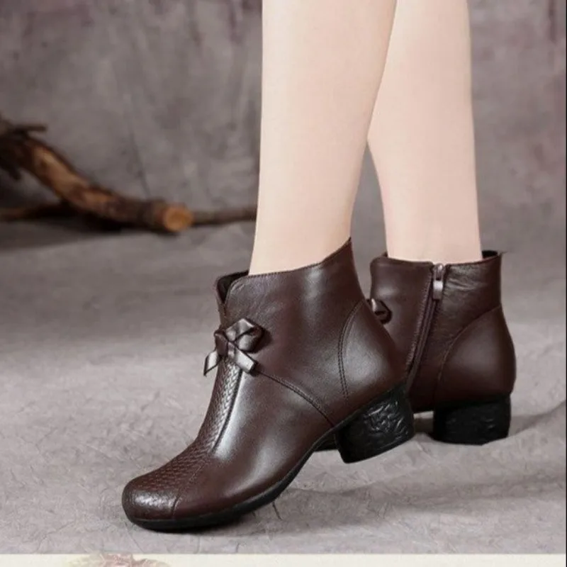 Comemore Winter Woman 2024 Wedge Booties Fashion Butterfly-knot Retro Shoes Ladies Zip Boot Female Vintage Brown Leather Boots