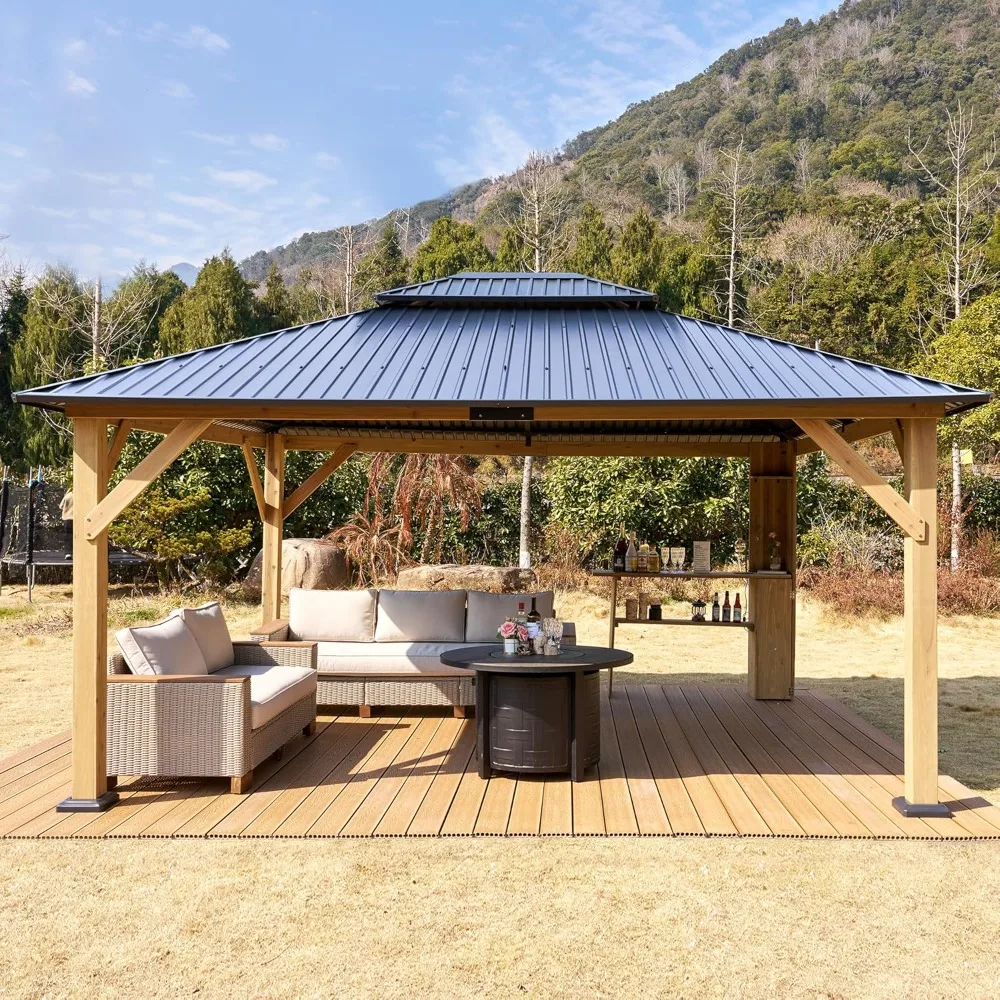 13' x 15' Hardtop Gazebo,Aluminum Frame Outdoor Gazebo with Iron Roof Double Roof, Wood Gazebo for Patio, Backyard, Lawns