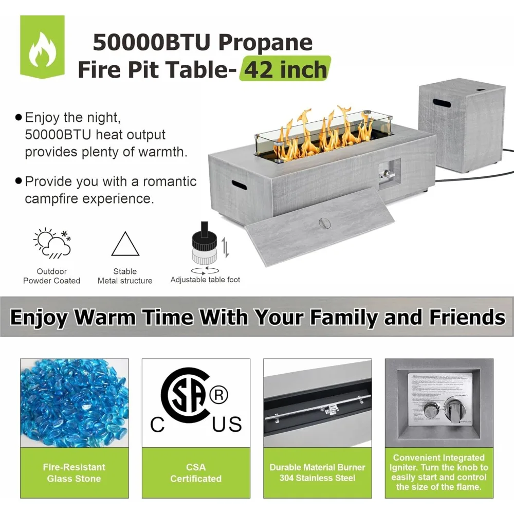 Mesa para fogueira ao ar livre, fogões e lareiras a gás propano, mesas retangulares para fogueira de 42 ′′, mesa de fogo de 50.000 BTU para conjunto de pátio